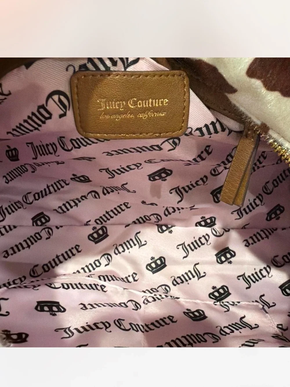 🎀Juicy Couture~Brown & White Cowprint Satchel with Pink Bow Charm